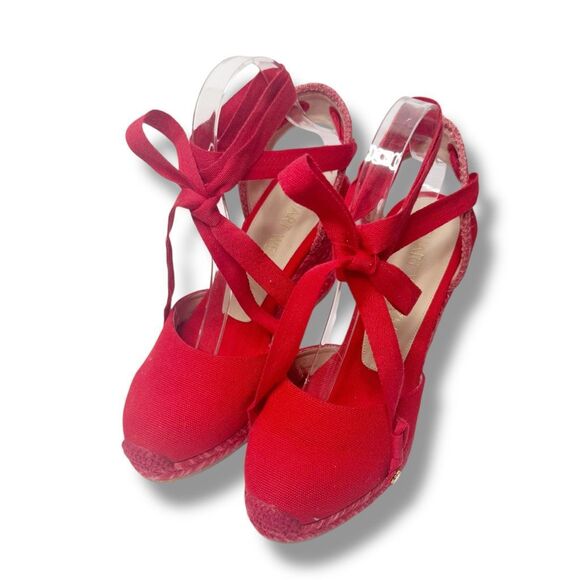 Stuart Weitzman Marguerita Canvas Espadrille Wedge Red Ankle Wrap Sandals Siz 10 - Picture 4 of 13